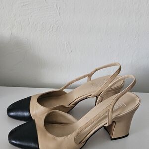Franco Sarto Black and Tan Slingback Heels